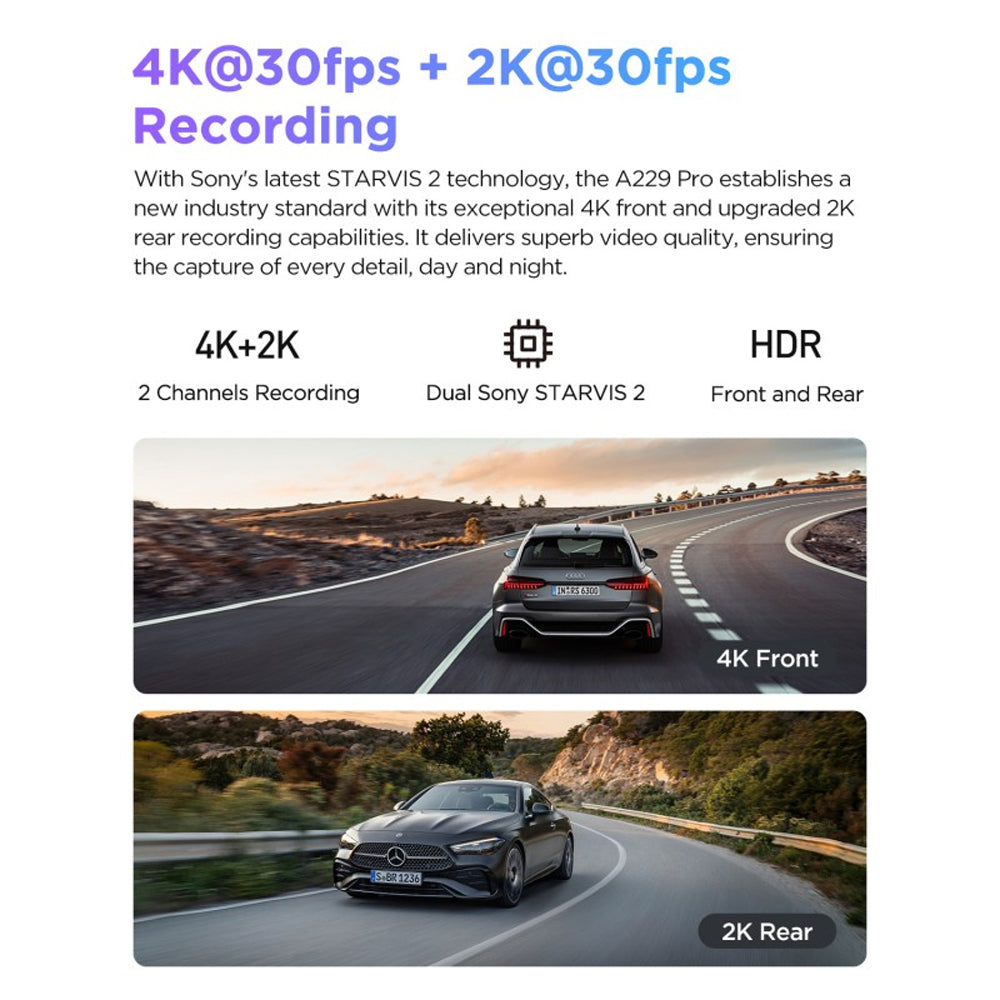 VIOFO DASHCAM A229 PRO 4K FRONT + 2K REAR 5GHZ WIFI + GPS