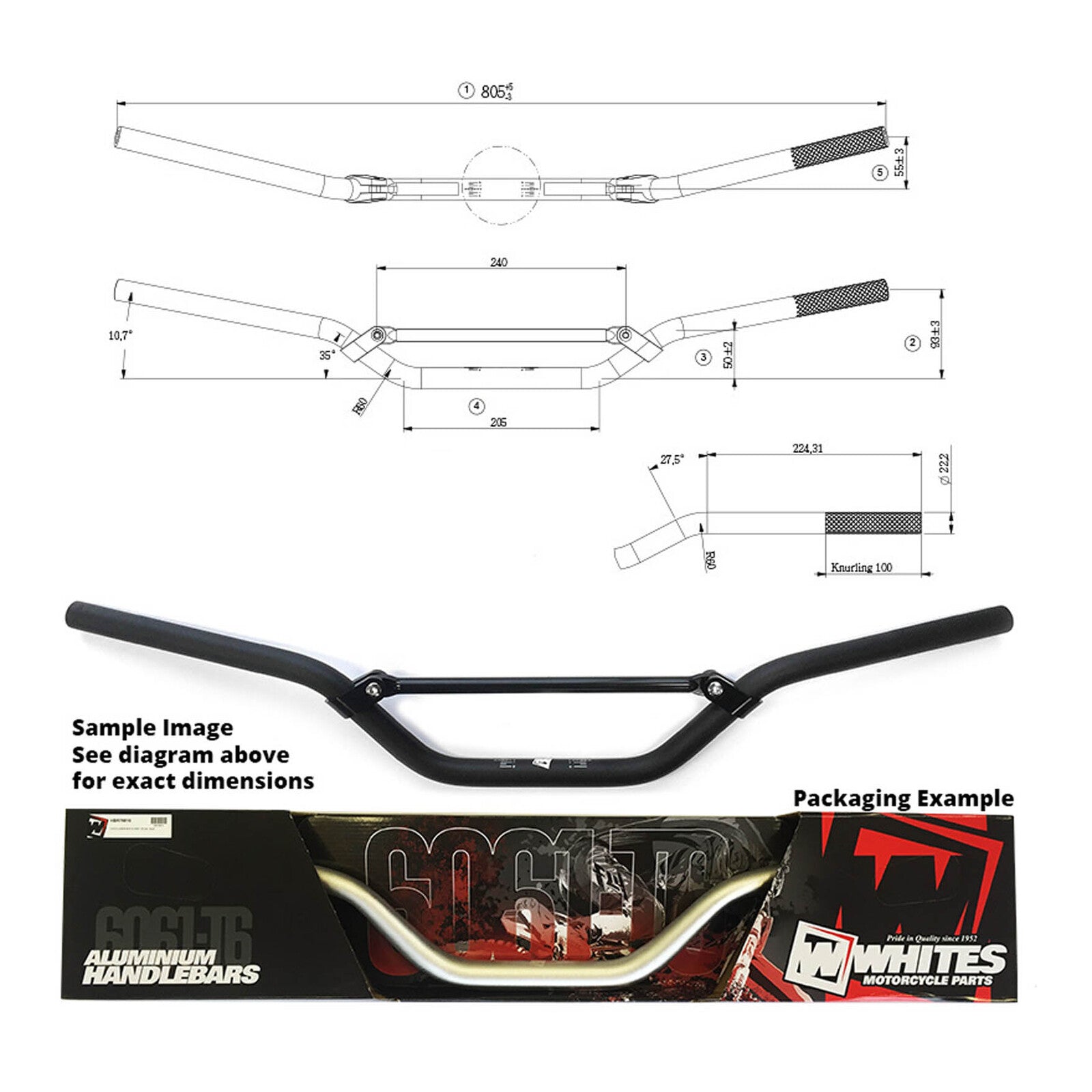 Whites Handlebars Alloy 6061 7/8 (22.2mm) KX/KXF/RMZ Black