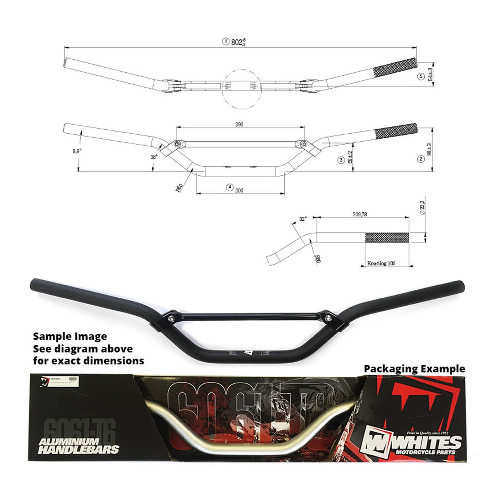 Whites Handlebar 7-8 AL6061 Black CR125 / CRF250-450 / KX250-450