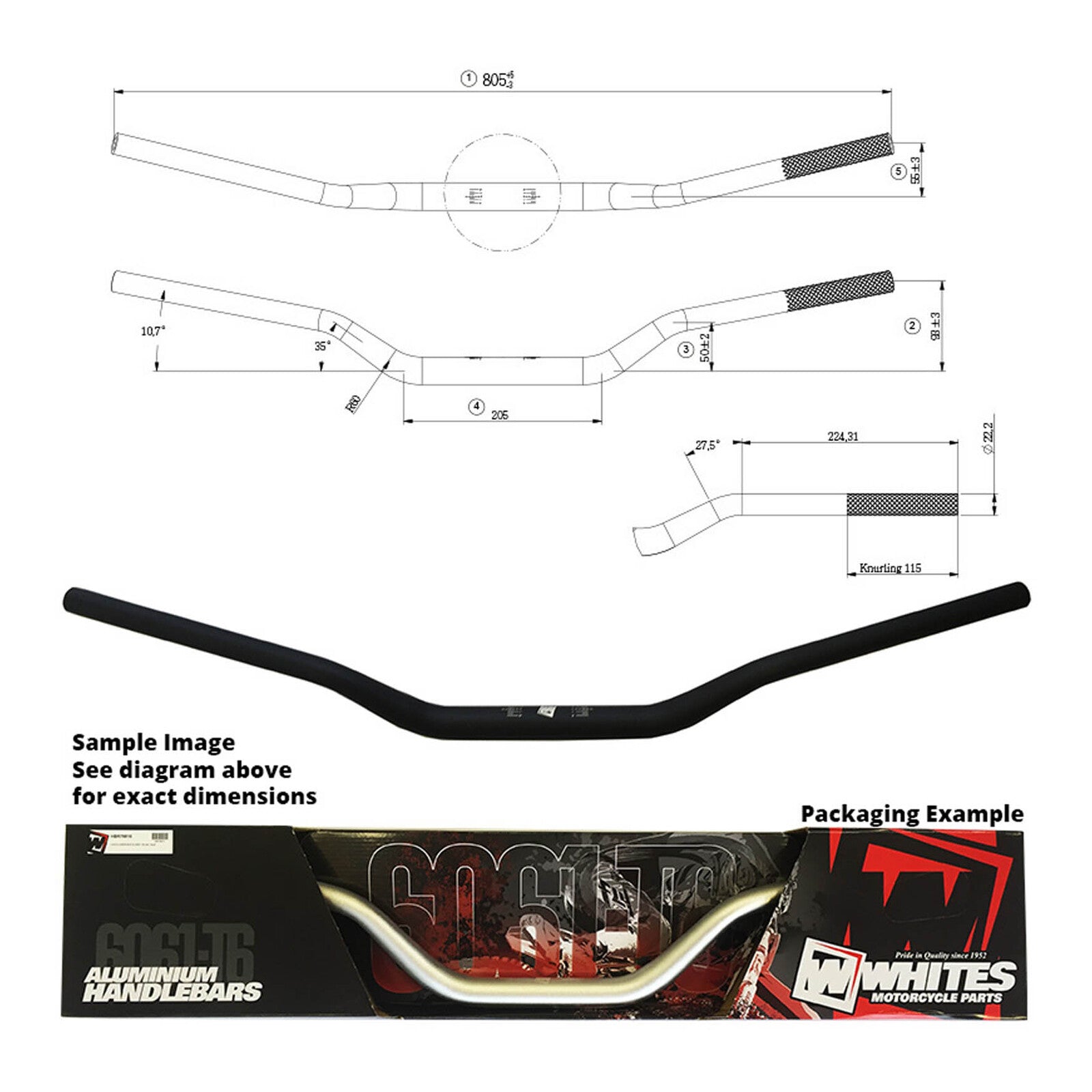 Whites Handlebar Taper AL6061 Black KX/KXF/RMZ 1-1/8 (28.6mm)