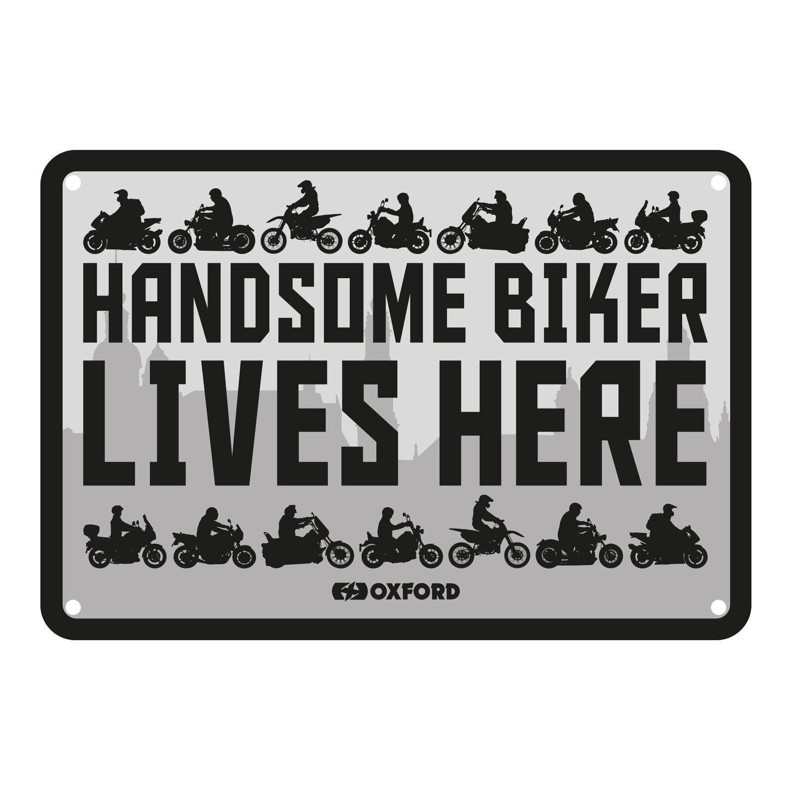 Oxford Garage Metal Sign: Handsome Biker Lives Here