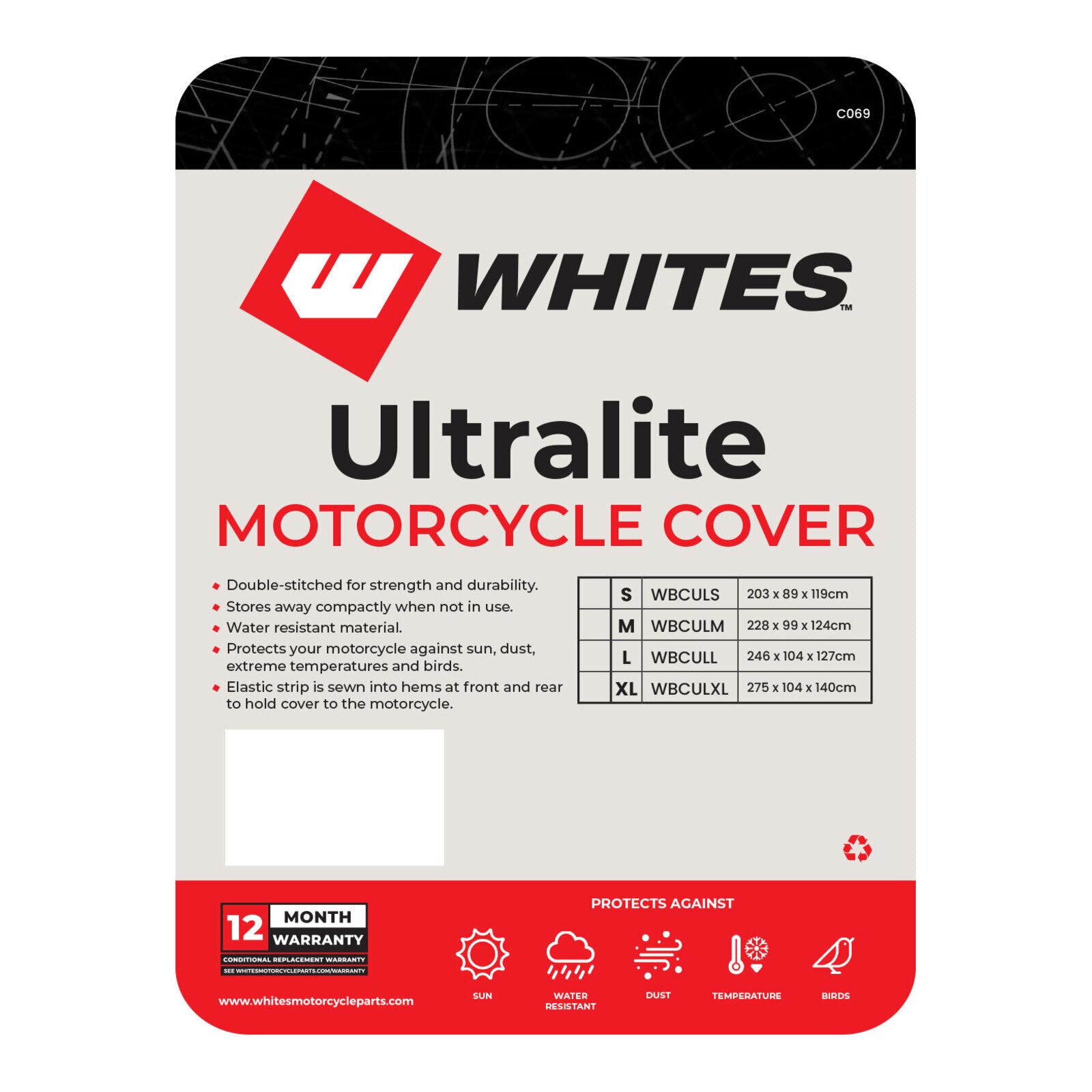 Whites Motorcycle Cover - Ultralite (M / 228 x 99 x 124cm)