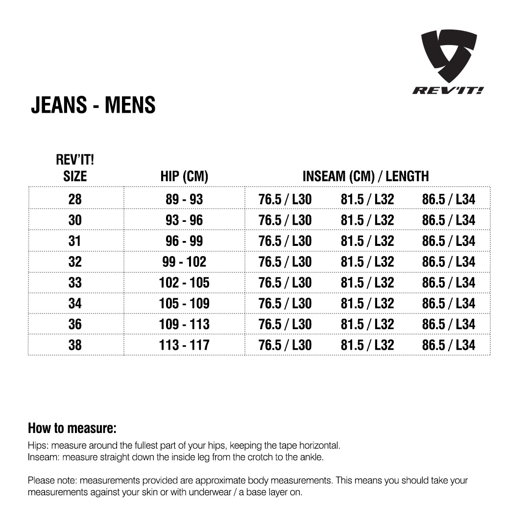 Size chart for REVIT Jeans - Mens