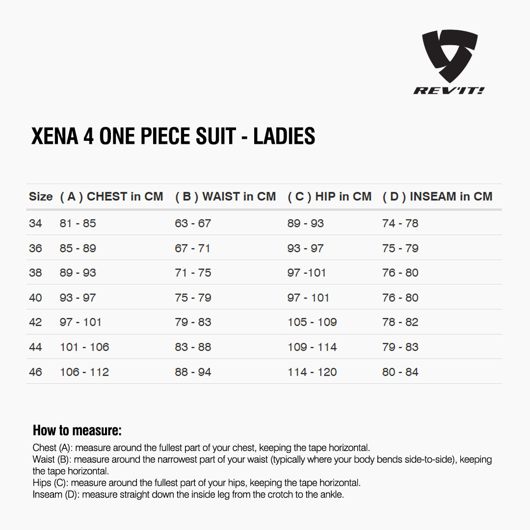 Size chart for REVIT Xena 4 RaceSuit - Ladies