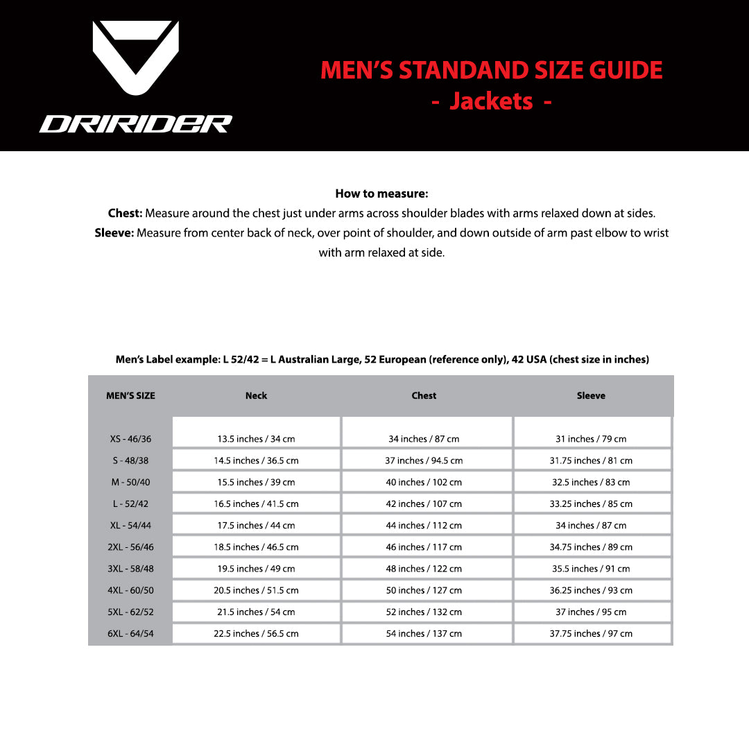 DRIRIDER Size Chart - Mens Jackets