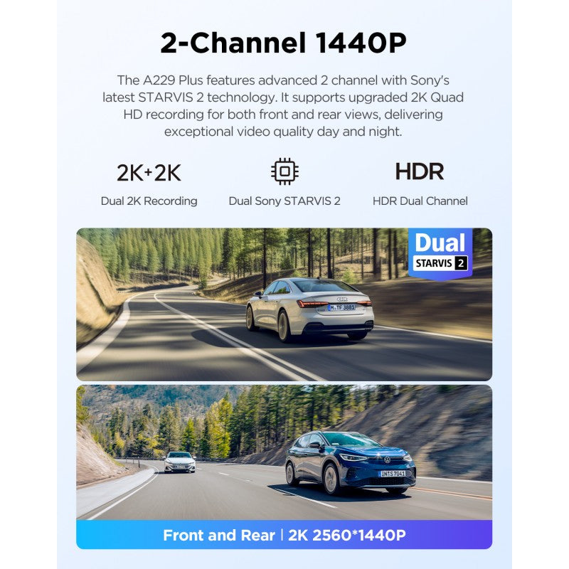 VIOFO DASHCAM A229 PLUS 2K FRONT + 2K REAR 5GHZ WIFI + GPS