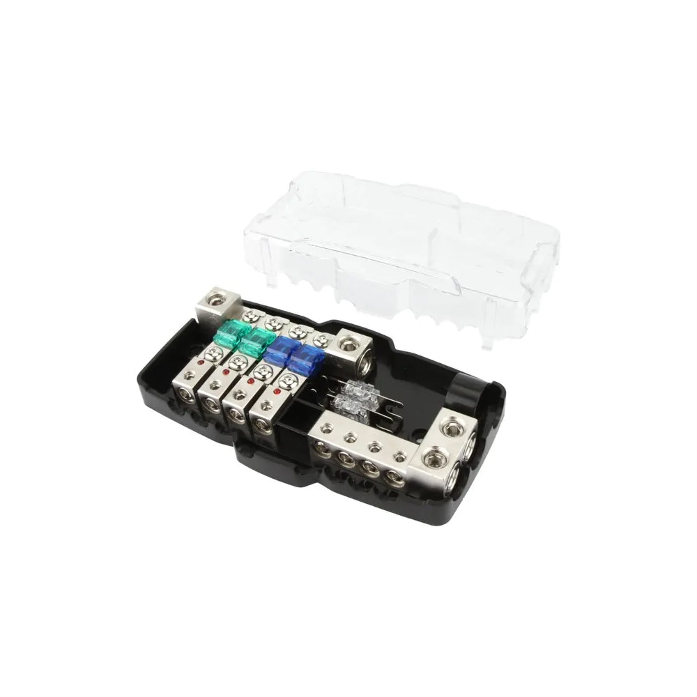 4-WAY MINI DISTRUBUTION BLOCK - 0/2/4 GAUGE INPUT TO 4/8 GAUGE OUTPUT