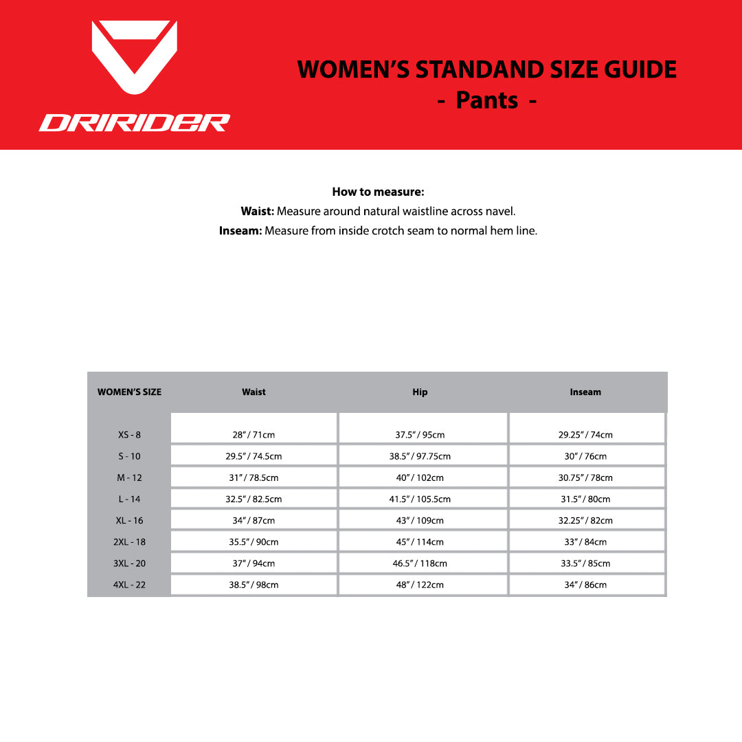 DRIRIDER Size Chart - Womens Pants