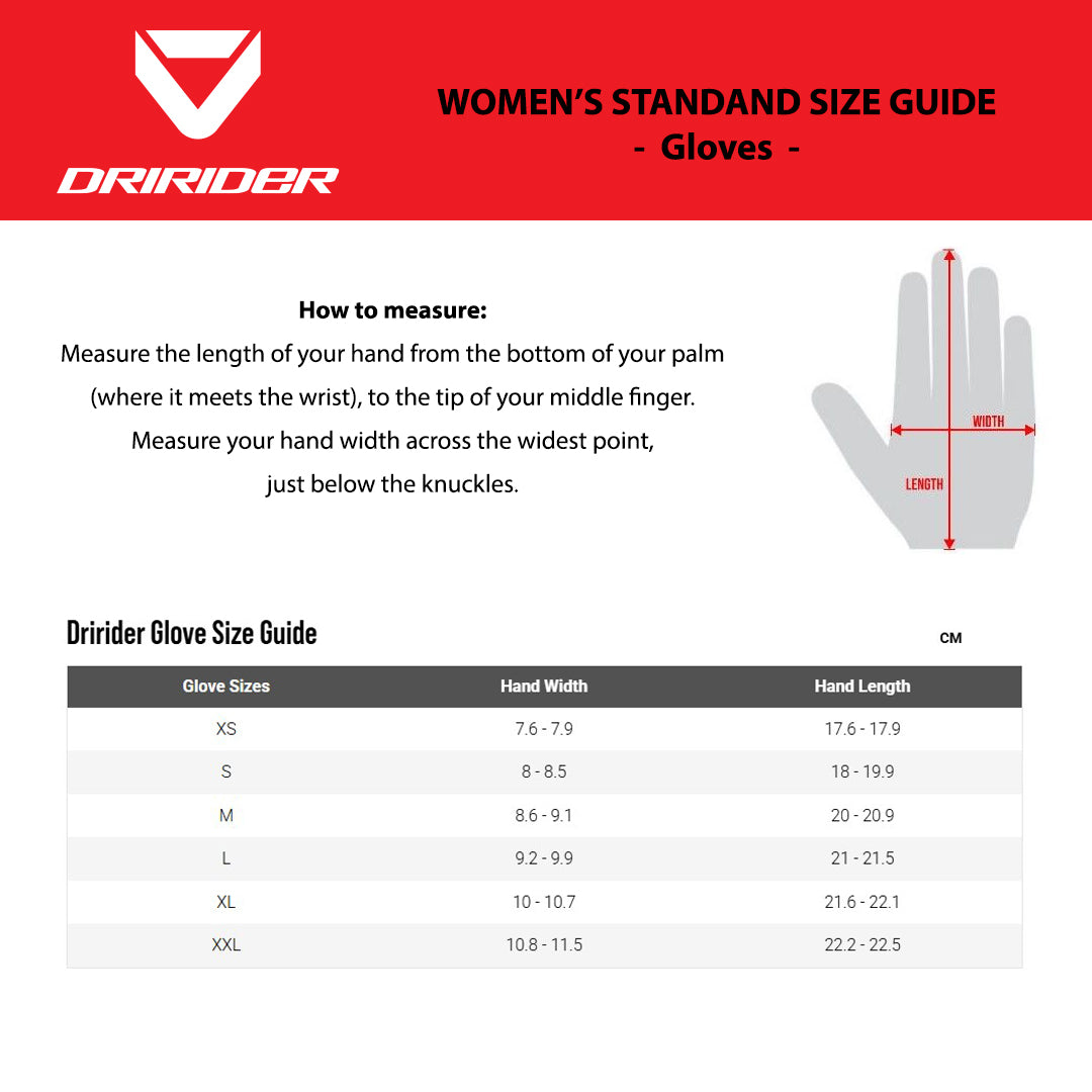 DRIRIDER Size Chart - Womens Gloves